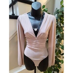 STELLA LUCE Bodysuit Women's Size M Pink Ruched Plunge V Neck Long Sleeve Top